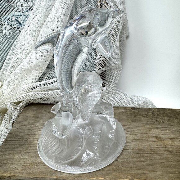 Clear Glass Dolphin Figurine Leaping Over Frosted Waves - Picture 5 of 9